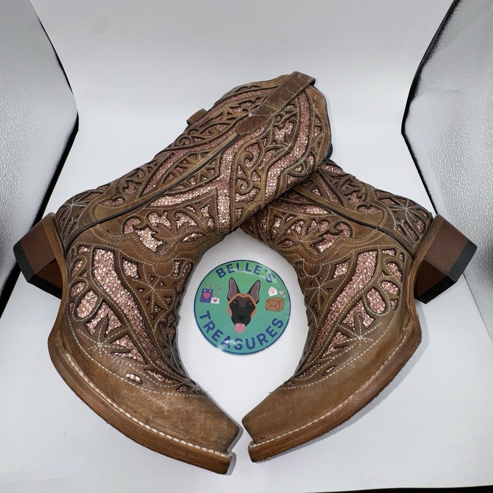J.B. Dillon Dahlia Women's 8.5 Tan Rose Gold Sequin‎ Inlay Snip Toe Western Boot